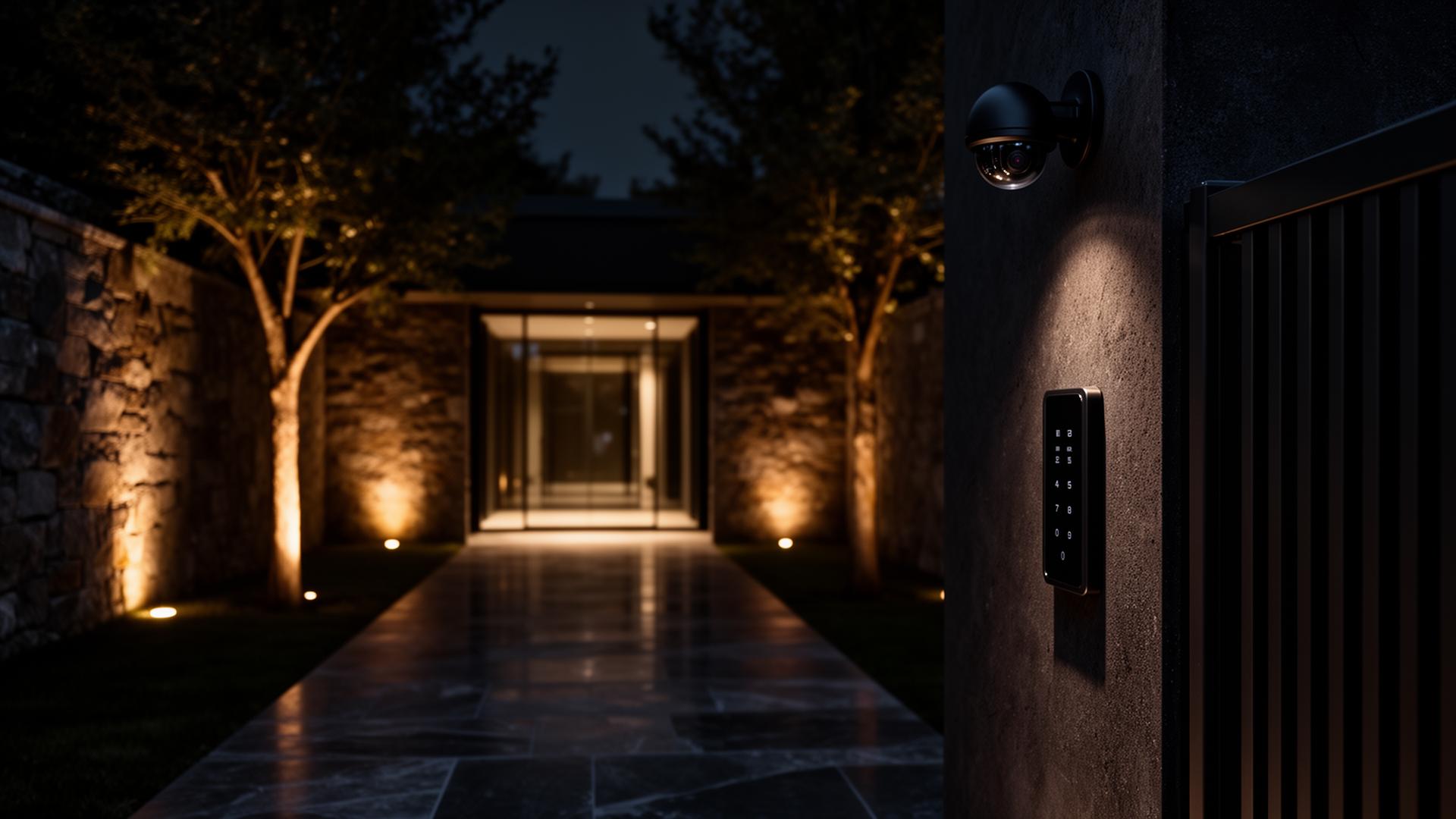 Private gated estate driveway at dusk